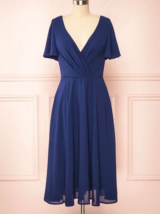 A-line V-neck Chiffon Tea-length Homecoming Dresses With Ruffles #Favs020109921 A-line V-neck Chiffon Tea-length Homecoming Dresses With Ruffles #Favs020109921