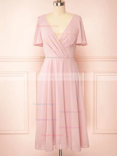 A-line V-neck Chiffon Tea-length Homecoming Dresses With Ruffles #Favs020109921