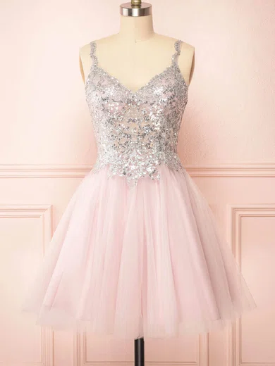 A-line V-neck Tulle Short/Mini Homecoming Dresses With Lace #Favs020109925