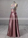 A-line High Neck Satin Floor-length Appliques Lace Prom Dresses #Favs020105685