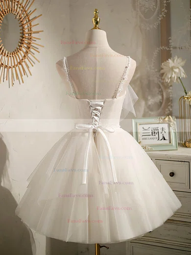 A-line V-neck Tulle Short/Mini Homecoming Dresses With Pearl Detailing #Favs020109940