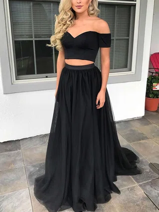 A-line Off-the-shoulder Tulle Sweep Train Prom Dresses #Favs020105689 A-line Off-the-shoulder Tulle Sweep Train Prom Dresses #Favs020105689