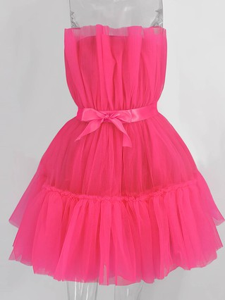A-line Strapless Tulle Short/Mini Homecoming Dresses With Sashes / Ribbons #Favs020109949