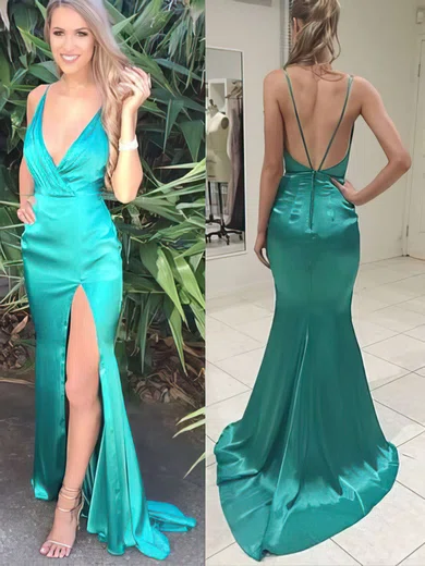 Trumpet/Mermaid V-neck Silk-like Satin Sweep Train Split Front Prom Dresses #Favs020104362