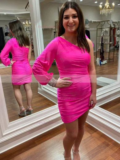 Sheath/Column One Shoulder Silk-like Satin Short/Mini Homecoming Dresses With Ruffles #Favs020109959