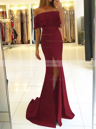 Trumpet/Mermaid Off-the-shoulder Silk-like Satin Sweep Train Split Front Prom Dresses #Favs020105701