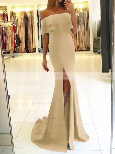 Trumpet/Mermaid Off-the-shoulder Silk-like Satin Sweep Train Split Front Prom Dresses #Favs020105701
