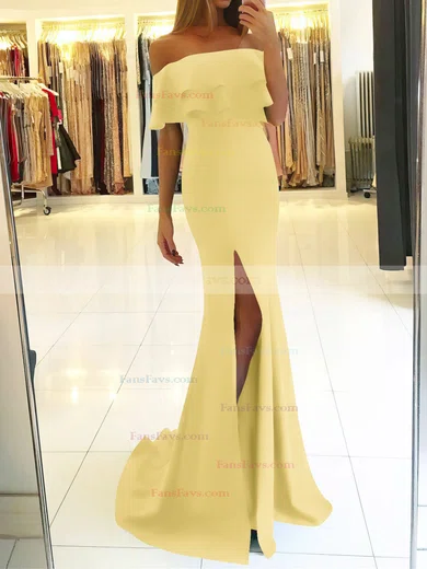 Trumpet/Mermaid Off-the-shoulder Silk-like Satin Sweep Train Split Front Prom Dresses #Favs020105701