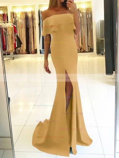 Trumpet/Mermaid Off-the-shoulder Silk-like Satin Sweep Train Split Front Prom Dresses #Favs020105701