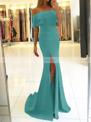 Trumpet/Mermaid Off-the-shoulder Silk-like Satin Sweep Train Split Front Prom Dresses #Favs020105701
