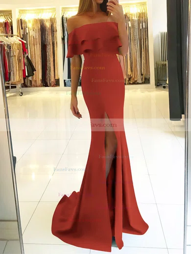 Trumpet/Mermaid Off-the-shoulder Silk-like Satin Sweep Train Split Front Prom Dresses #Favs020105701