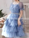 A-line Square Neckline Glitter Knee-length Homecoming Dresses With Sashes / Ribbons #Favs020110013