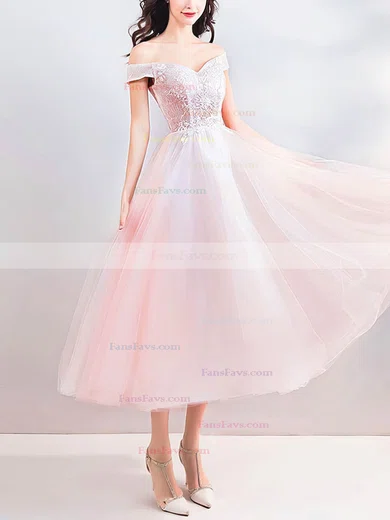 A-line Off-the-shoulder Tulle Tea-length Homecoming Dresses With Lace #Favs020110023