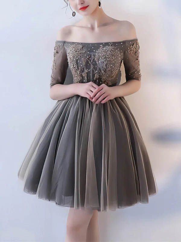 A-line Off-the-shoulder Tulle Short/Mini Homecoming Dresses With Beading #Favs020110031