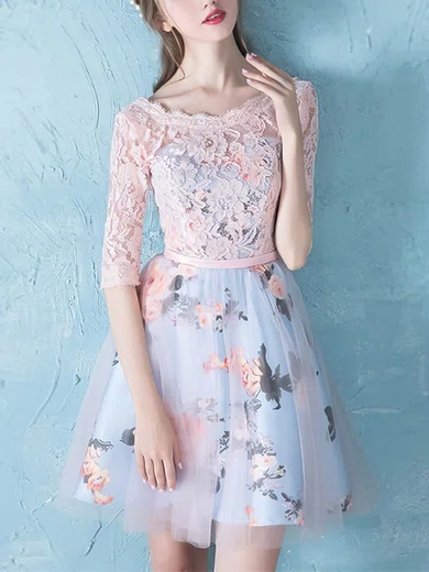 A-line Scoop Neck Tulle Short/Mini Homecoming Dresses With Lace #Favs020110036