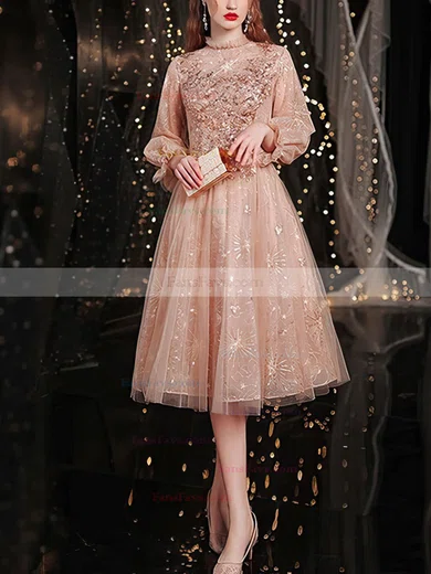 A-line High Neck Tulle Tea-length Homecoming Dresses With Beading #Favs020110039