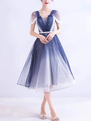 A-line Off-the-shoulder Tulle Tea-length Homecoming Dresses With Beading #Favs020110041 A-line Off-the-shoulder Tulle Tea-length Homecoming Dresses With Beading #Favs020110041