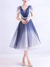 A-line Off-the-shoulder Tulle Tea-length Homecoming Dresses With Beading #Favs020110041