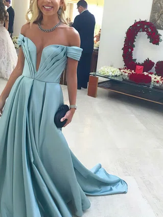 Princess Off-the-shoulder Satin Sweep Train Ruffles Prom Dresses #Favs020105724