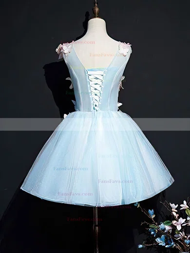 A-line V-neck Organza Short/Mini Homecoming Dresses With Appliques Lace #Favs020110070