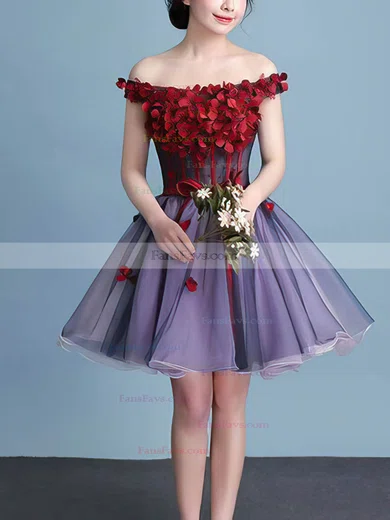 A-line Off-the-shoulder Organza Short/Mini Homecoming Dresses With Flower(s) #Favs020110071