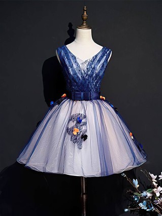 A-line V-neck Organza Short/Mini Homecoming Dresses With Lace #Favs020110072