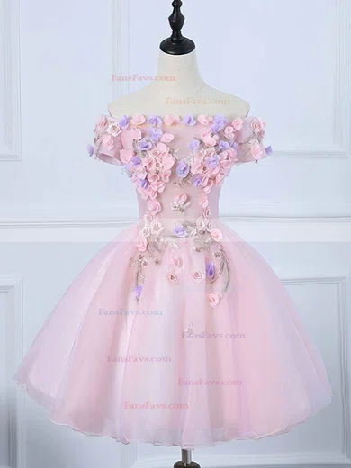 A-line Off-the-shoulder Lace Tulle Short/Mini Homecoming Dresses With Appliques Lace #Favs020110073