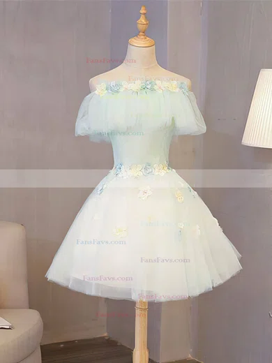 A-line Off-the-shoulder Lace Tulle Short/Mini Homecoming Dresses With Appliques Lace #Favs020110074