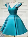 A-line V-neck Satin Short/Mini Homecoming Dresses With Appliques Lace #Favs020110076