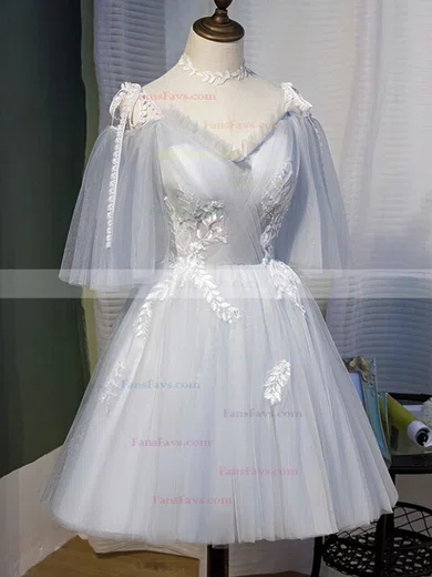 A-line Square Neckline Lace Tulle Short/Mini Homecoming Dresses With Appliques Lace #Favs020110077