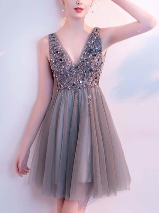 A-line V-neck Tulle Short/Mini Homecoming Dresses With Beading #Favs020110079 A-line V-neck Tulle Short/Mini Homecoming Dresses With Beading #Favs020110079