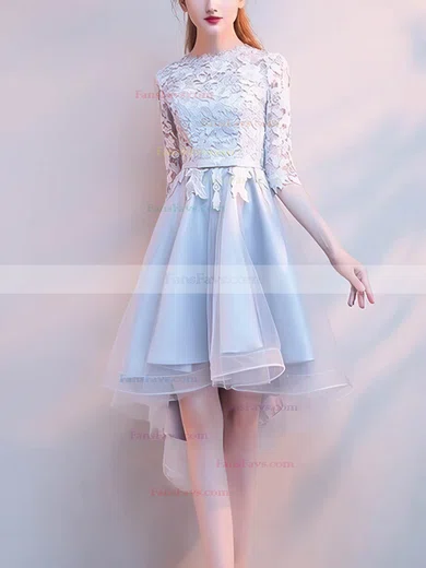 A-line Scoop Neck Lace Tulle Asymmetrical Homecoming Dresses With Appliques Lace #Favs020110080