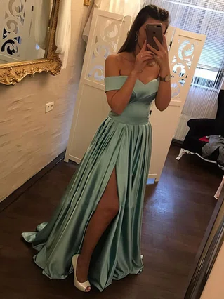 A-line Off-the-shoulder Satin Sweep Train Split Front Prom Dresses #Favs020105733 A-line Off-the-shoulder Satin Sweep Train Split Front Prom Dresses #Favs020105733