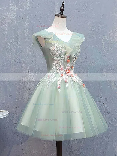 A-line V-neck Lace Tulle Short/Mini Homecoming Dresses With Flower(s) #Favs020110088