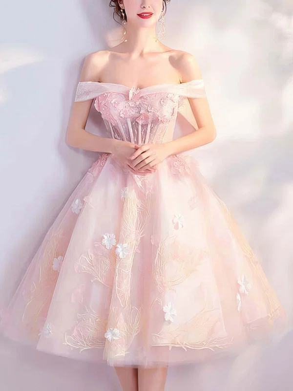 A-line Off-the-shoulder Lace Tulle Tea-length Homecoming Dresses With Appliques Lace #Favs020110089