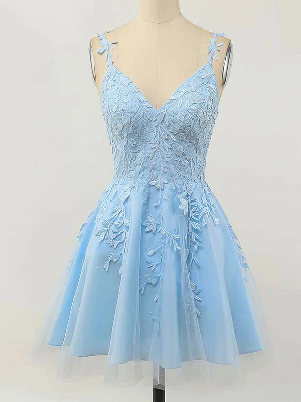 A-line V-neck Lace Tulle Short/Mini Homecoming Dresses With Appliques Lace #Favs020110094