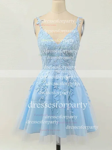 A-line V-neck Lace Tulle Short/Mini Homecoming Dresses With Appliques Lace #Favs020110094