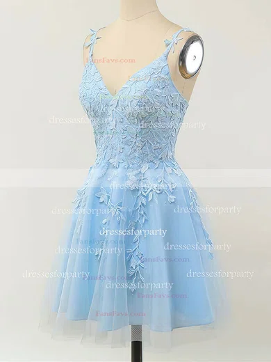 A-line V-neck Lace Tulle Short/Mini Homecoming Dresses With Appliques Lace #Favs020110094