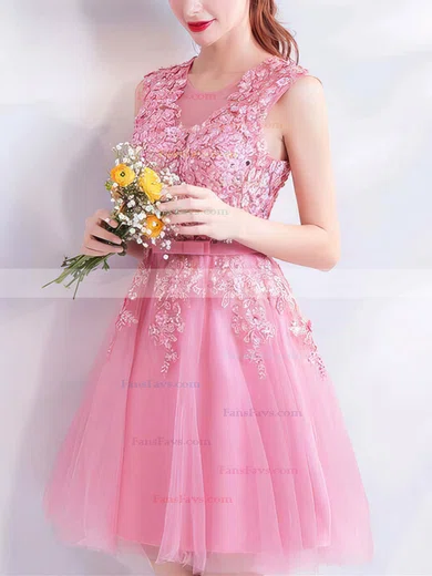 A-line Scoop Neck Lace Tulle Short/Mini Homecoming Dresses With Appliques Lace #Favs020110096