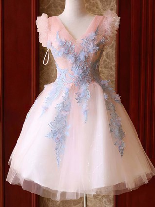 A-line V-neck Lace Tulle Knee-length Homecoming Dresses With Appliques Lace #Favs020110098 A-line V-neck Lace Tulle Knee-length Homecoming Dresses With Appliques Lace #Favs020110098