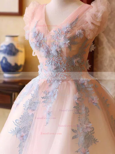 A-line V-neck Lace Tulle Knee-length Homecoming Dresses With Appliques Lace #Favs020110098