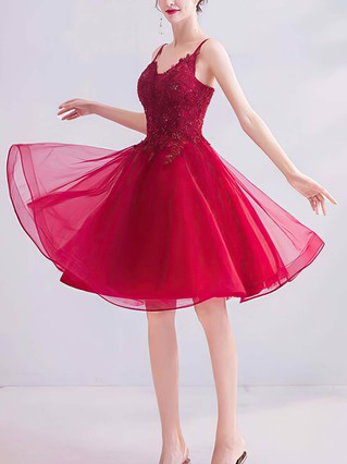 A-line V-neck Lace Tulle Knee-length Homecoming Dresses With Appliques Lace #Favs020110100 A-line V-neck Lace Tulle Knee-length Homecoming Dresses With Appliques Lace #Favs020110100