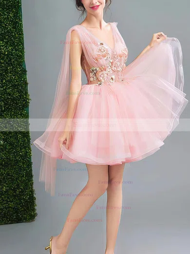 A-line V-neck Lace Tulle Short/Mini Homecoming Dresses With Flower(s) #Favs020110102