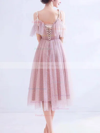 A-line V-neck Tulle Tea-length Homecoming Dresses With Beading #Favs020110103