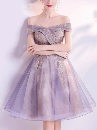 A-line Off-the-shoulder Lace Tulle Knee-length Homecoming Dresses With Appliques Lace #Favs020110104 A-line Off-the-shoulder Lace Tulle Knee-length Homecoming Dresses With Appliques Lace #Favs020110104