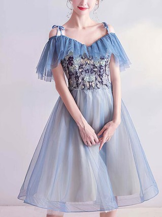 A-line V-neck Organza Tea-length Homecoming Dresses With Appliques Lace #Favs020110106 A-line V-neck Organza Tea-length Homecoming Dresses With Appliques Lace #Favs020110106