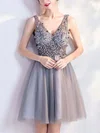 A-line V-neck Tulle Short/Mini Homecoming Dresses With Beading #Favs020110107