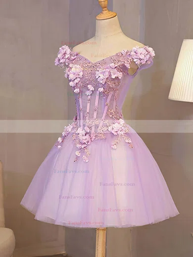 A-line Off-the-shoulder Lace Tulle Short/Mini Homecoming Dresses With Appliques Lace #Favs020110117
