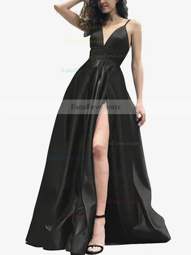 A-line V-neck Satin Sweep Train Split Front Prom Dresses #Favs020105754