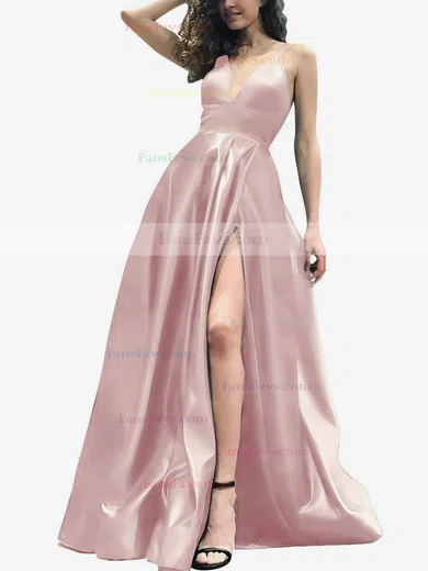 A-line V-neck Satin Sweep Train Split Front Prom Dresses #Favs020105754